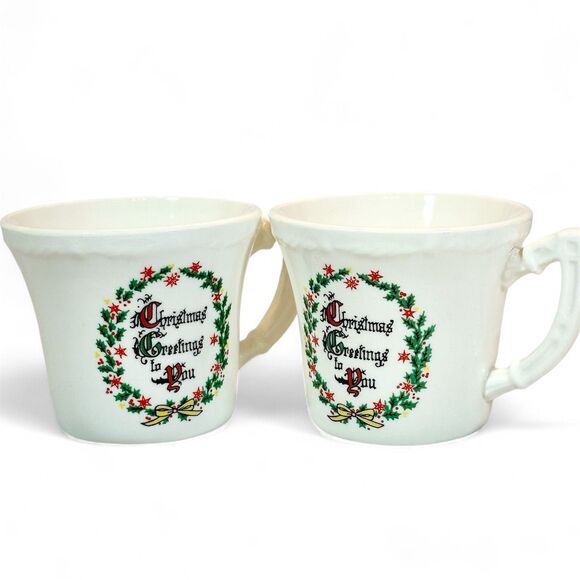 Vintage Christmas Greetings to you, pottery mug, 1940s, set of two (2) - Picture 9 of 11